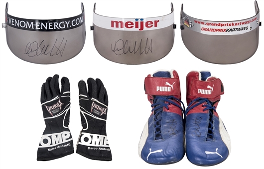 Marco Andretti Worn and Autographed Racing Accessories - Shoes, Gloves and Visors (Beckett PreCert)